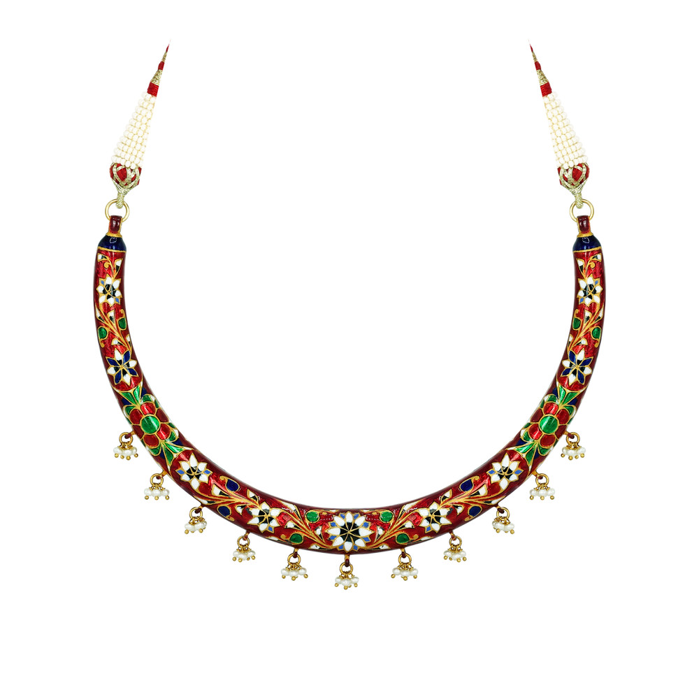 Polki Hasli Necklace Set with Red Enamel and Pearl Beads